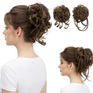 2PCS Brown Messy Bun Hair Pieces‎ for Women Detachable Claw Clip Wavy Curly